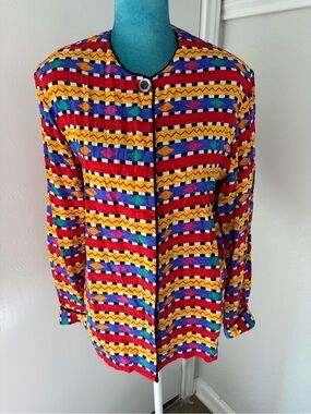 Bold Multi-Color Patterned Women's blouse 100%Silk vintage by Cory B. New York